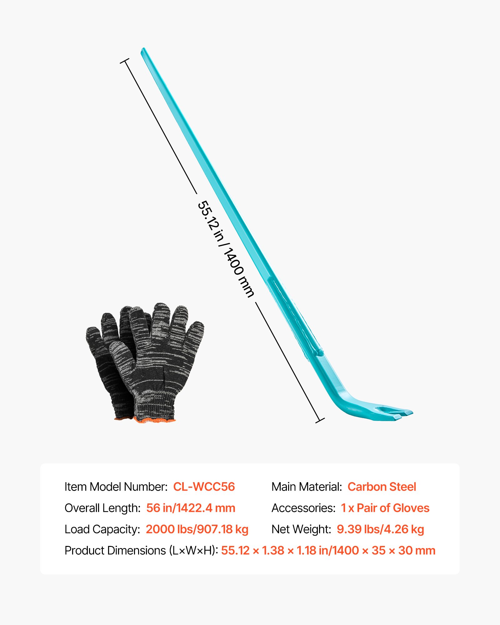 Prylever Bar, 2000 Lbs Weight Capacity, 52.5 Inch Heavy Duty Carbon Steel Handle Pry Lever Bar, 56 Inch Long Crowbar For Concrete, Demolition, Crowbaring, Ideal For Construction & Industrial Use