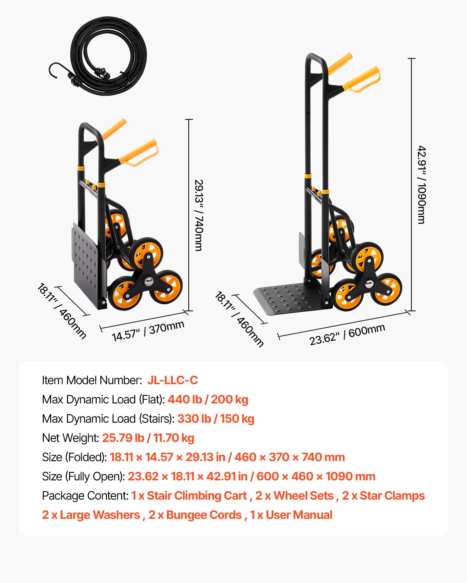 Stair Climbing Cart, 330 Lbs Stair-Climbing Capacity, Heavy-Duty Folding Trolley Cart With Telescoping Handle, 6 Wheels And 2 Bungee Cords, Stair Climber Dolly For Home, Groceries, Warehouse