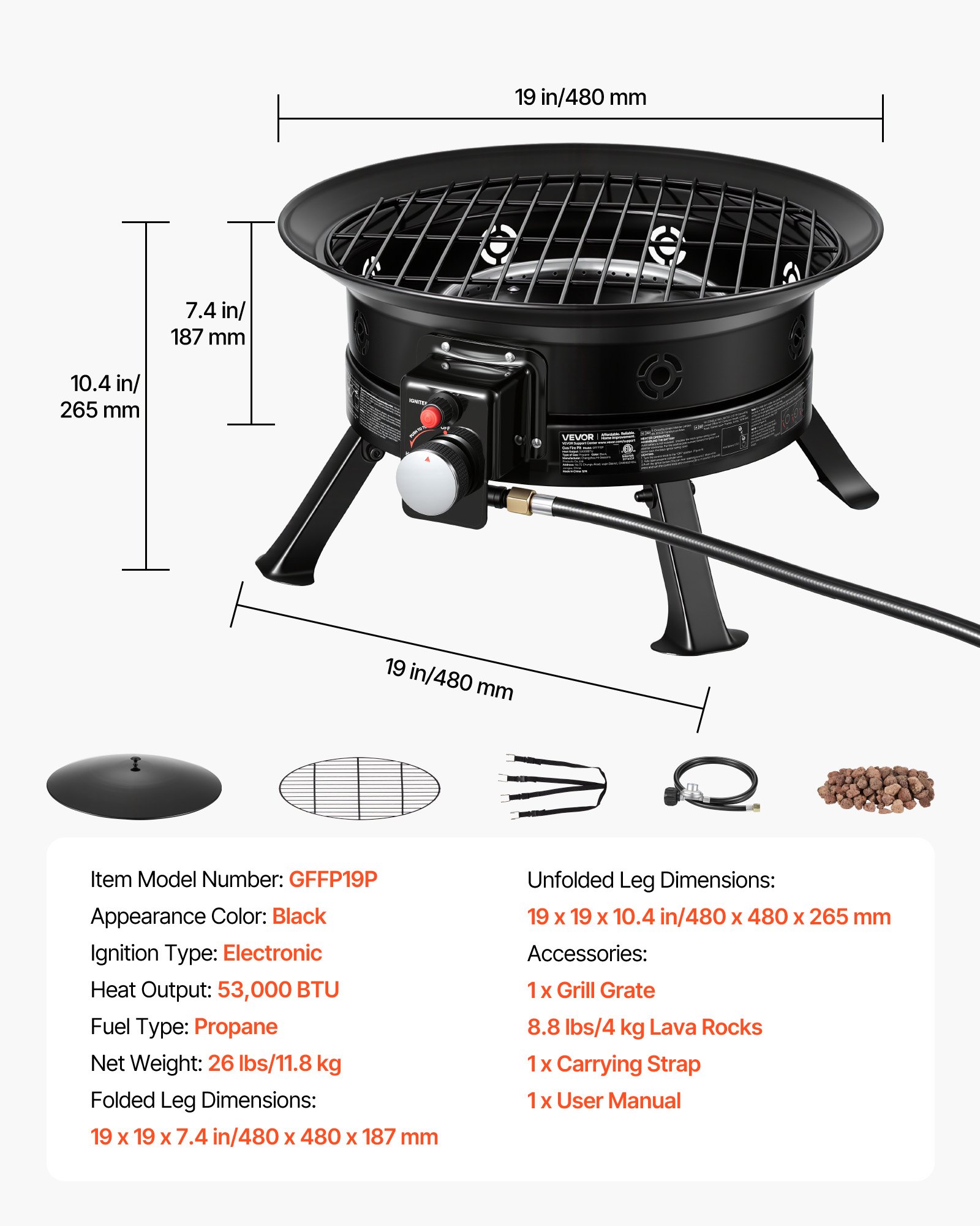 Propane Fire Pit 19-Inch, 53,000 BTU Portable Gas Fire Pit, With Grill Grate & Lava Rocks, Adjustable Flame, Folding Legs,Smokeless Outdoor Firebowl For Camping, Patio, Backyard, Deck, RV, Black