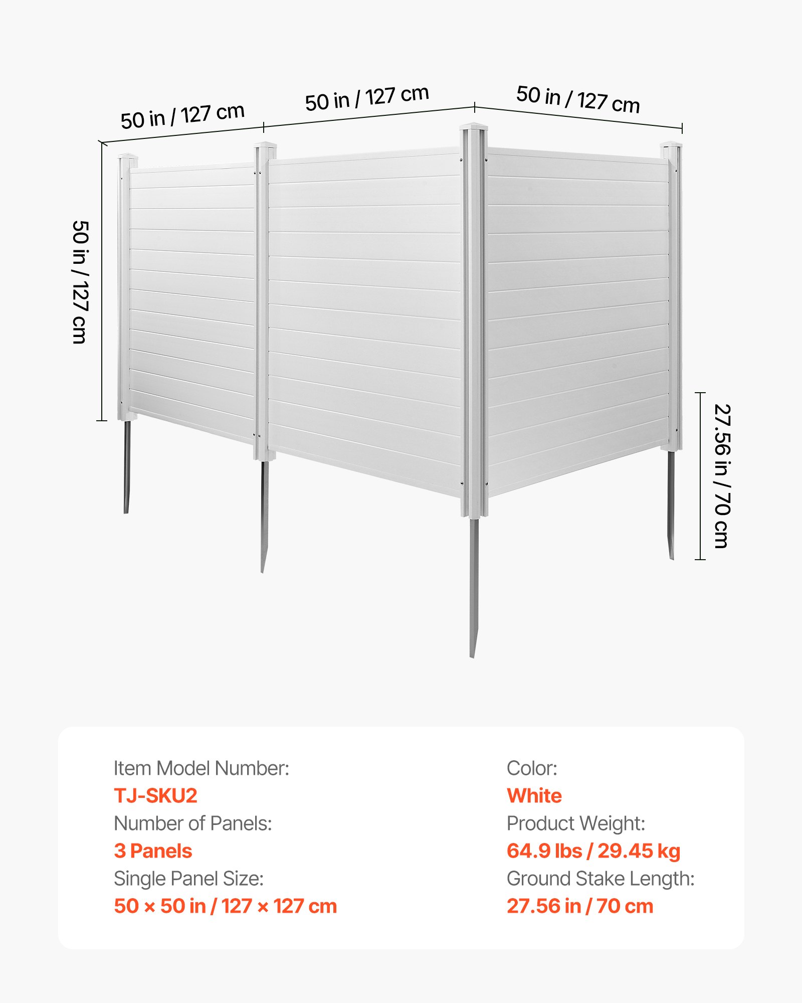 3 Panels Outdoor Privacy Screen, 50 X 50 In Air Conditioner Fence With 27.6 In Ground Stakes, Pool Equipment Enclosure, Horizontal Vinyl Privacy Fence, Ideal For Trash Can And A/C Units, White
