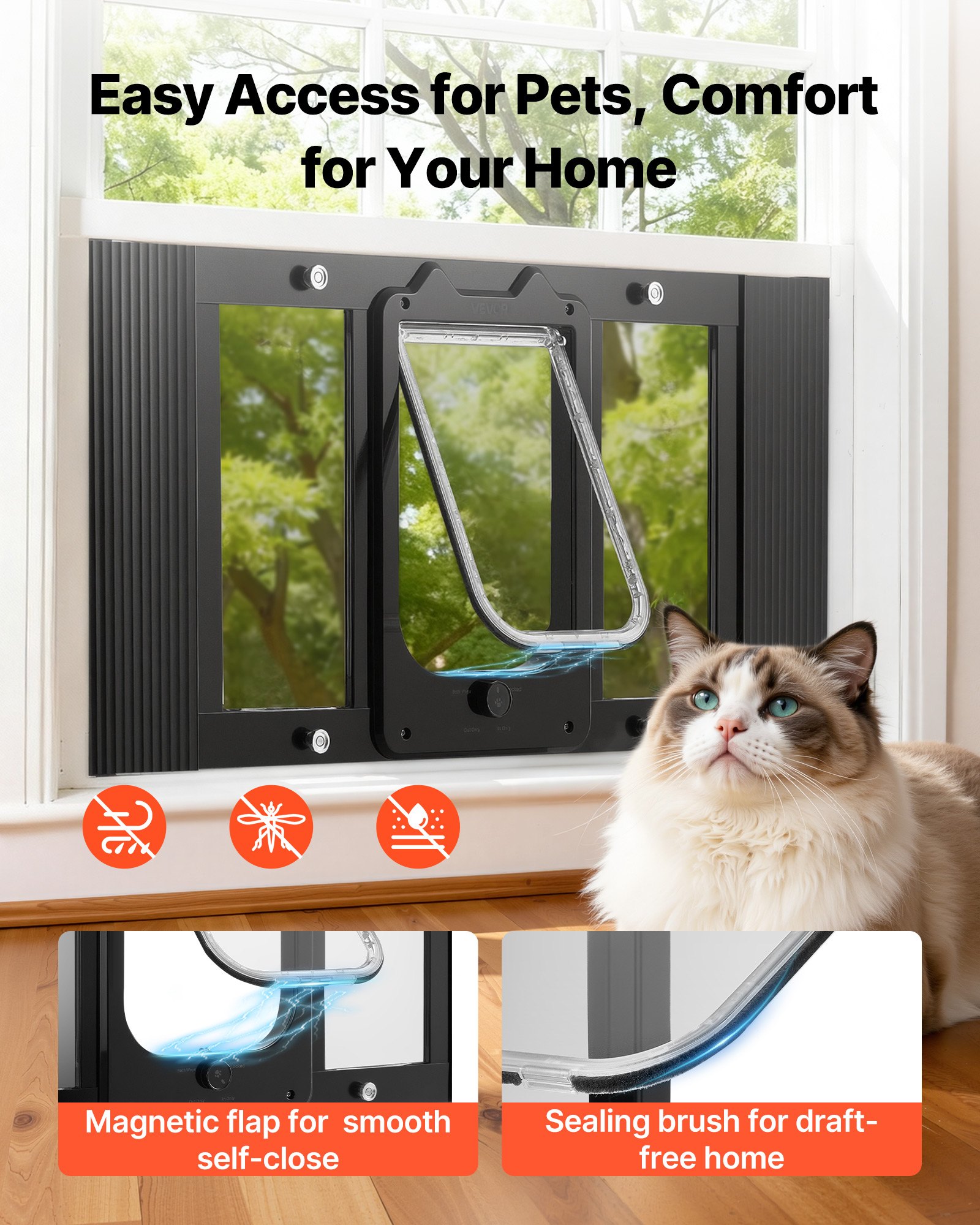 Cat Door For Window, Adjustable To Fit Window Width 27"-32", 4 Secure Lock Modes, Aluminum Frame And High-Transparency Glass, Magnetic Closure, Weatherproof Quick-Fit Pet Door For Cats, Black