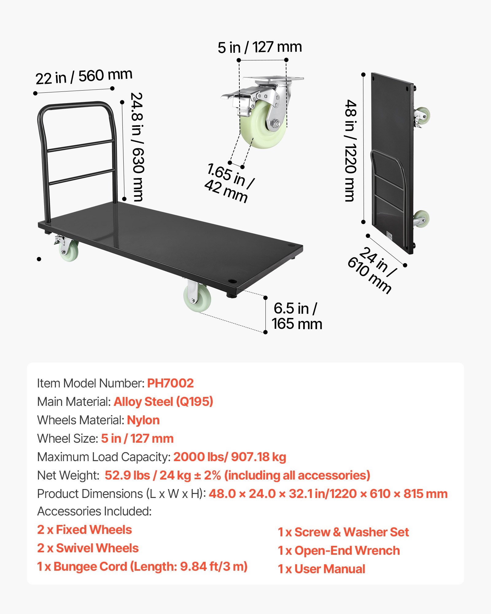 Heavy Duty Platform Truck, 2000 Lbs Capacity, Industrial Steel Flatbed Cart With Swivel Wheels And Handle, Platform Hand Push Truck Dolly, Easy Storage, For Luggage Moving, 48 X 24 X 32.1 In