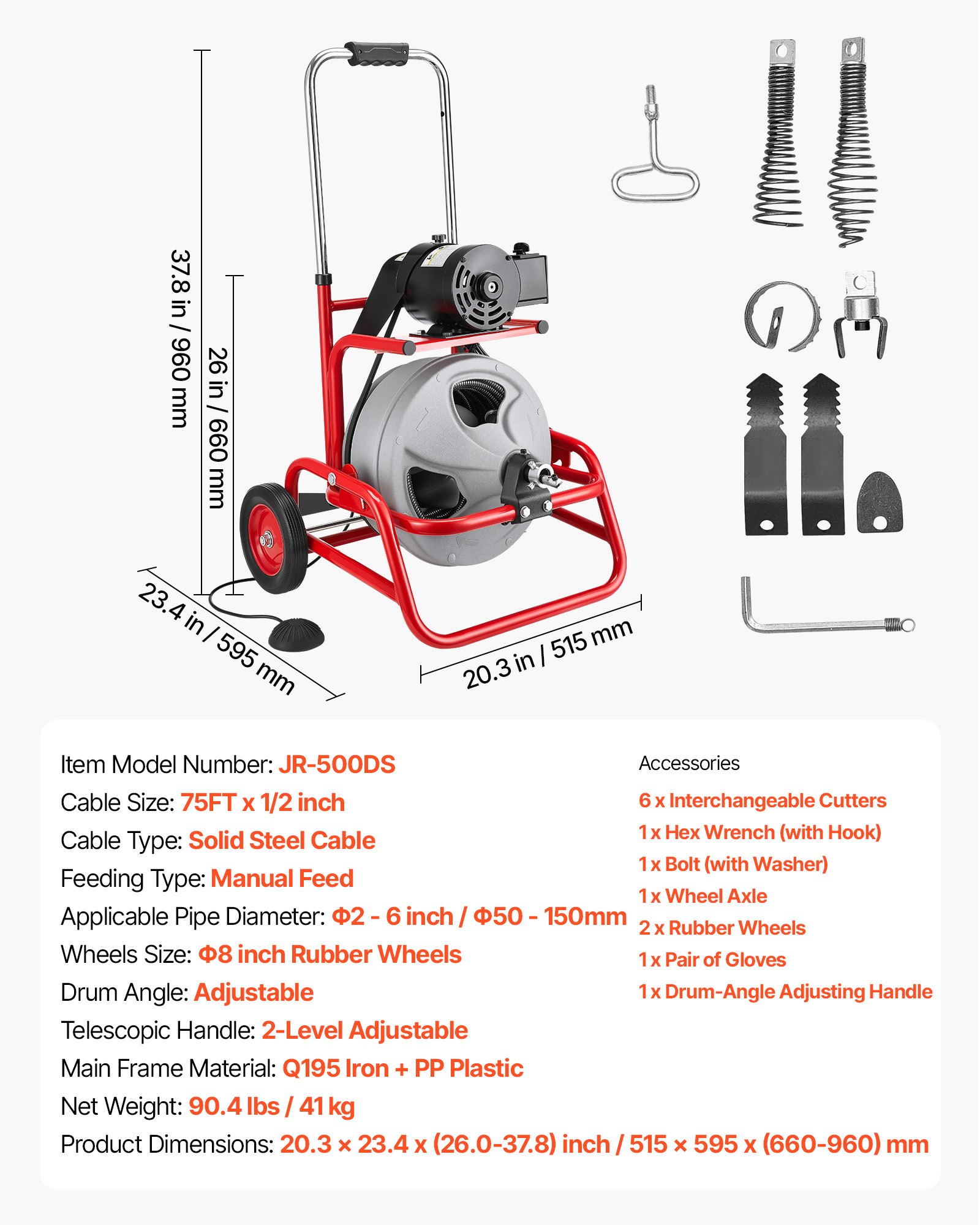 Drain Cleaner Machine 75 FT X 1/2 Inch, Sewer Snake Auger On Wheels, Manual Feed Drain Cleaning Machine With Adjustable Drum Angle, 6 Cutters & Air-activated Foot Switch For 2" To 6" Pipes