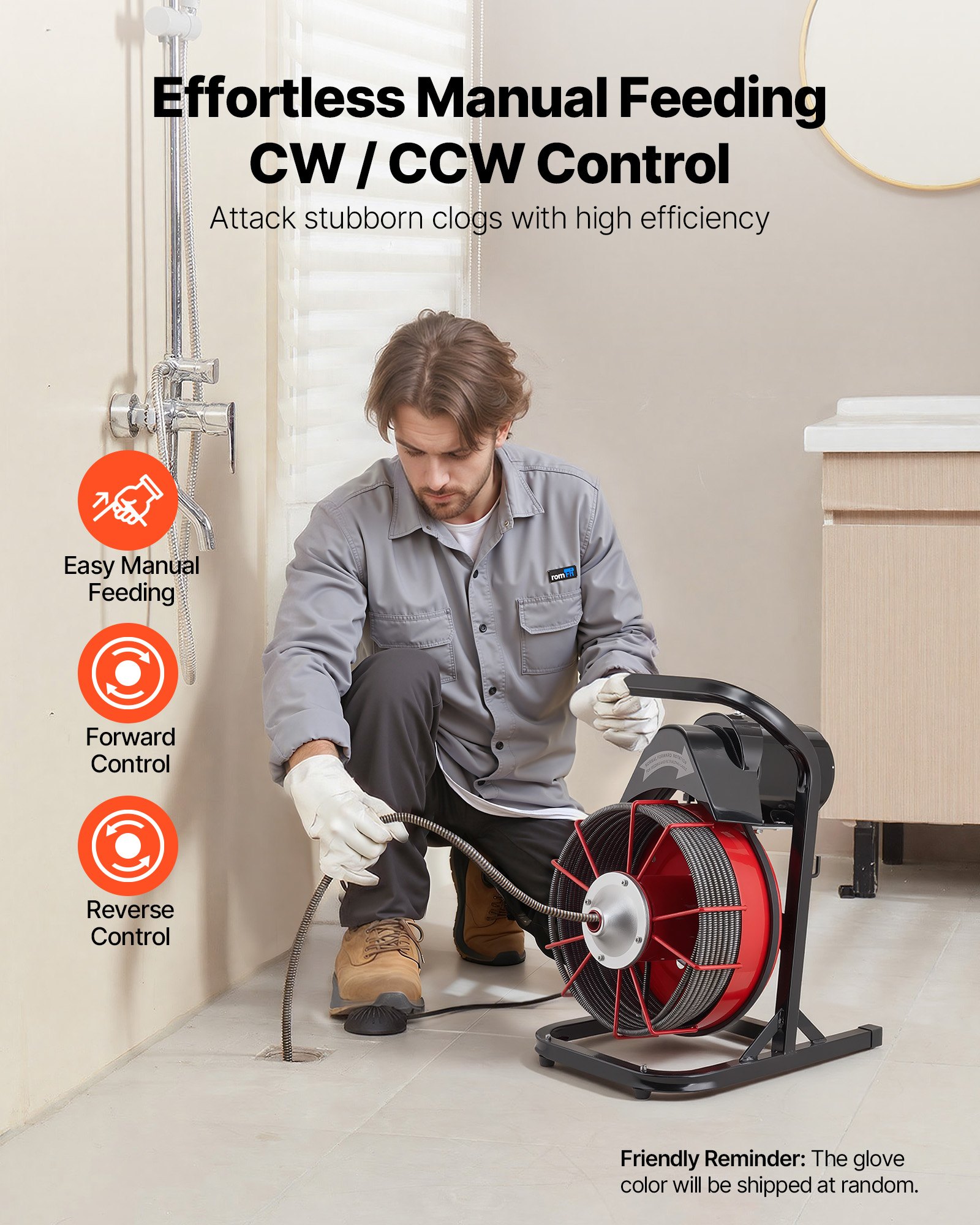 Drain Cleaner Machine 75 FT X 1/2 Inch, Sewer Snake Auger Manual Feed With 4 Cutters & Air-activated Foot Switch For 2" To 6" Pipes