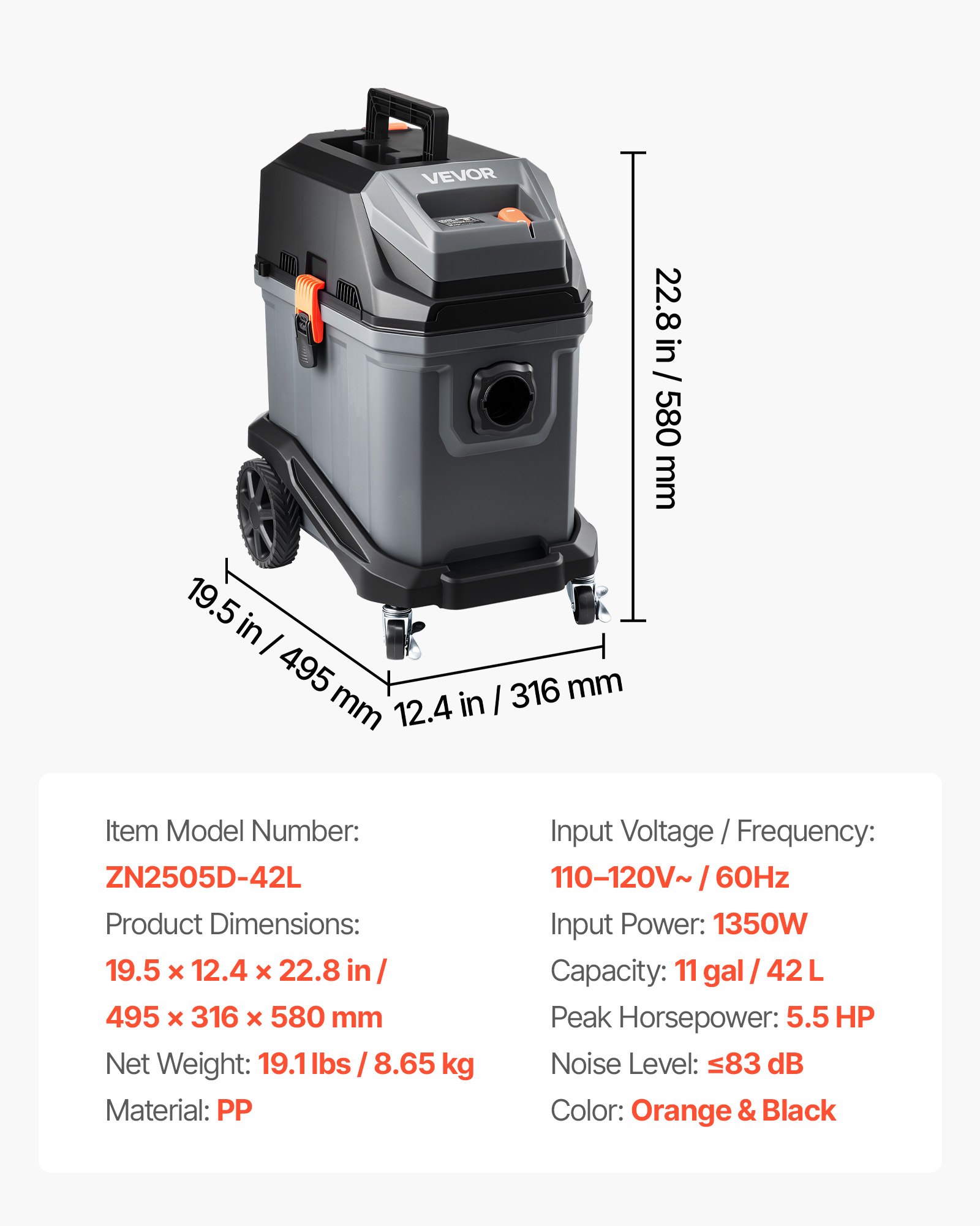 Commercial Shop Vac, 11 Gallon Wet Dry Shop Vacuum, 5.5 Peak HP Portable With One-Button Self-Cleaning, 1350W Input, 1.25in X 7ft Hose, 20ft Cord, Industrial-Grade For Jobsite, Workshop