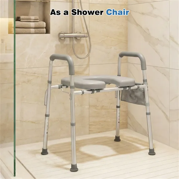 Adjustable Raised Toilet Seat (25.5″-28″ Width X 27″-31″ Height), 300LBS Capacity With Armrests & Storage Pouch