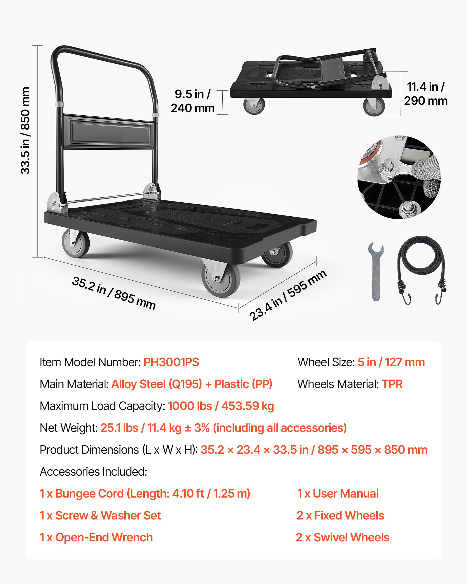 Foldable Push Cart Dolly, 1000 Lbs Capacity, Folding Platform Truck With Swivel Wheels, Moving Platform Hand Truck Flatbed Cart, Space Saving Push Handle, For Easy Storage, 35.2 X 23.4 X 33.5 In