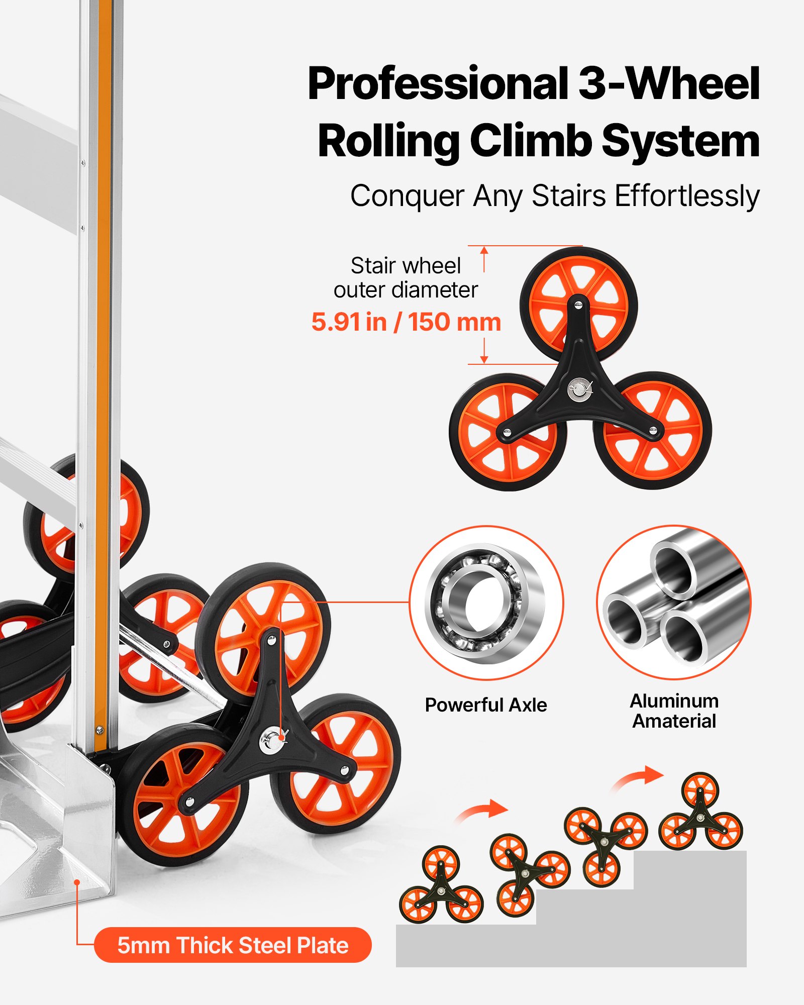 Stair Climbing Cart, 330 Lbs Stair-Climb Capacity, Aluminum Alloy Folding Trolley Cart With Telescoping Handle, 6 Wheels And 2 Bungee Cords, Stair Climber Dolly For Home, Groceries, Warehouse