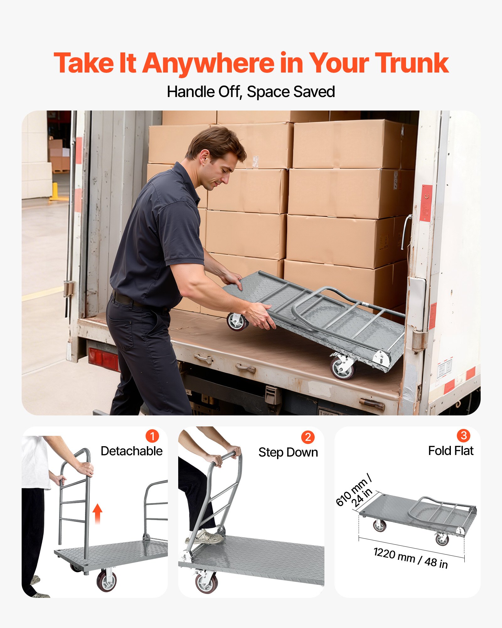 Platform Truck, 2650 Lbs Capacity, Heavy Duty Flatbed Cart Dolly With Detachable Guardrail And Swivel Wheels, Foldable Hand Push Truck Cart, For Groceries, Garage, Warehouse, 48 X 24 X 36.2 In