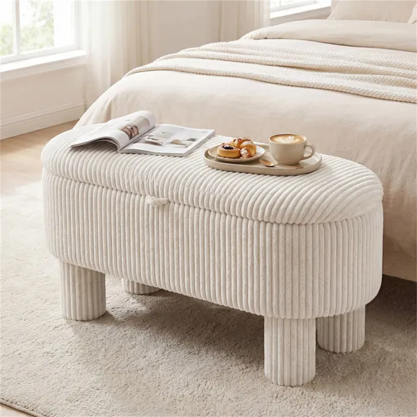 Beige 42 Inch Corduroy Storage Bench, Plush Foam Cushion & Hidden Compartment, 400LBS Seat Weight Capacity