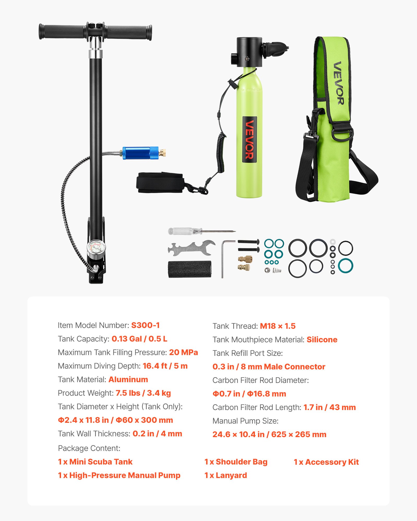 Mini Scuba Tank, 0.5L Portable Diving Tank For Underwater Breathing, Reusable Lung Diving Cylinder Up To 10 Minutes Dive Time, Emergency Rescue Pony Bottle With Pump, Bag, Lanyard For Snorkeling