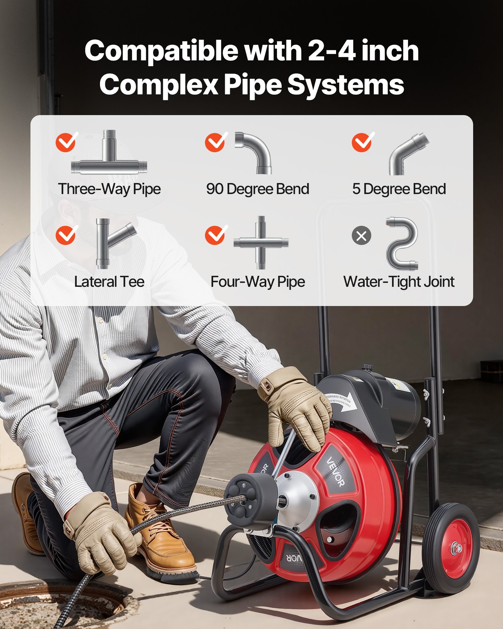 Drain Cleaner Machine 100 FT X 3/8 Inch, Auto Feed Sewer Snake Auger On Wheels, Portable Drain Cleaning Machine With 4 Cutters & Air-activated Foot Switch For 2" To 4" Pipes