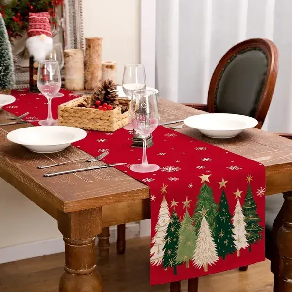 Christmas Table Runner 13x72 Inch, Xmas Trees Snowflakes Holiday Decorative Farmhouse Table Decoration For Kitchen Dinning, Indoor Outdoor Dinner Party Decor