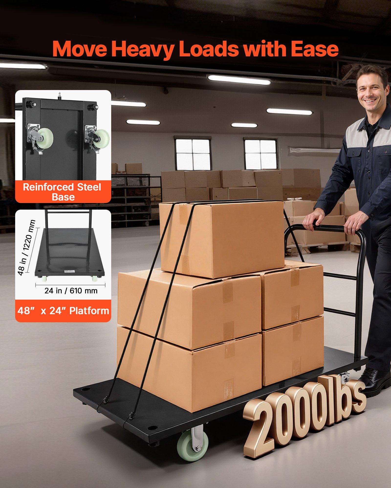 Heavy Duty Platform Truck, 2000 Lbs Capacity, Industrial Steel Flatbed Cart With Swivel Wheels And Handle, Platform Hand Push Truck Dolly, Easy Storage, For Luggage Moving, 48 X 24 X 32.1 In