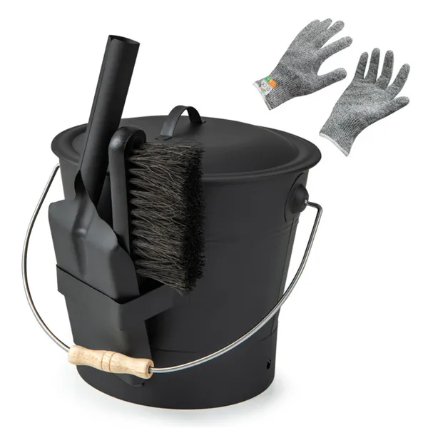 Fireplace Ash Cleaning Set, Ash Bucket + Shovel + Brush + Cut-Resistant Gloves (Level 5), Easy To Clean & Carry