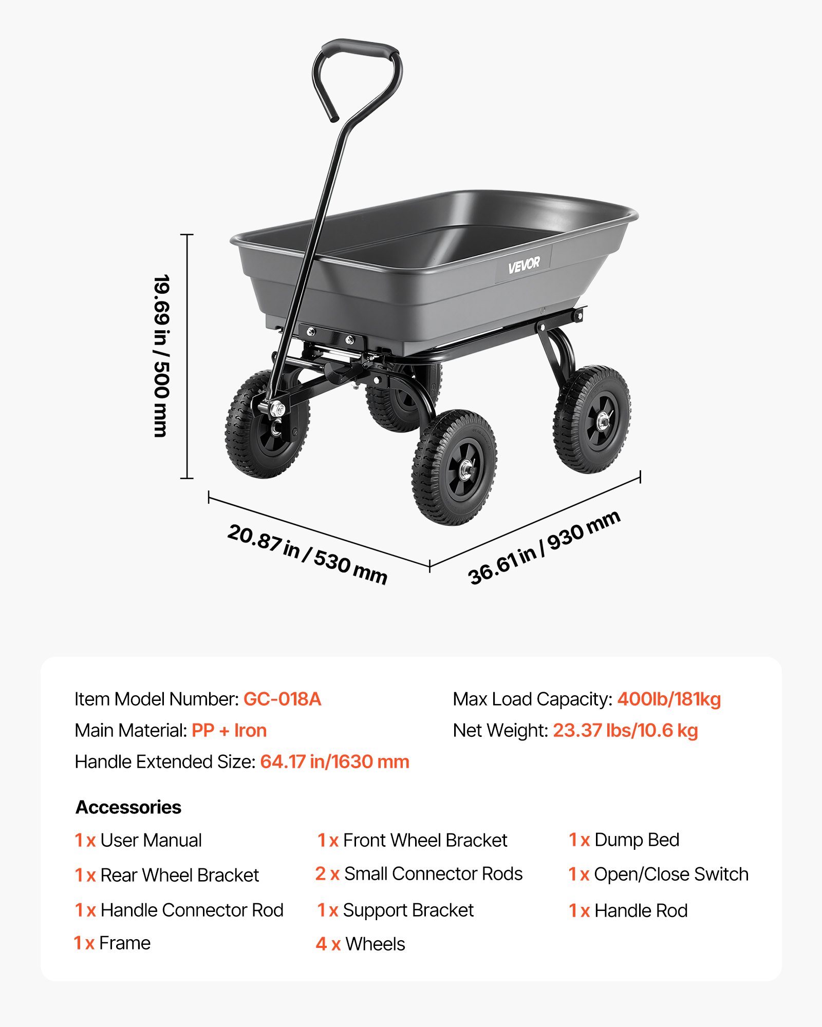 Garden Dump Cart, 400 Lbs Poly Dump Cart, Garden Carts Dumps Wagon With 90° Quick-Dumps Mechanism, 180° Swivel Wheels, 270° Flexible Rotating Bearings, Yard Wagon For Plants, Soil, Crops