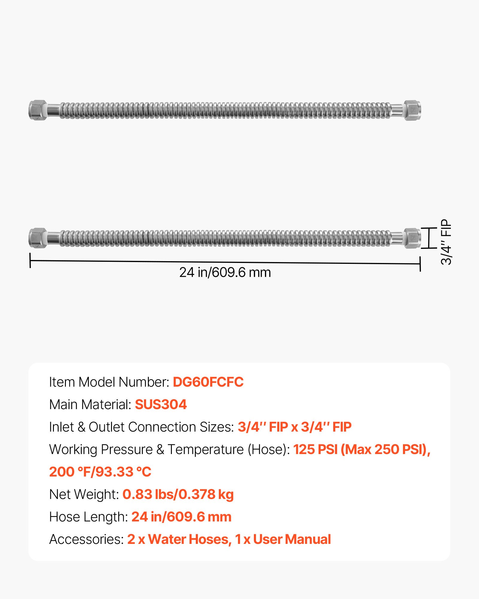 Water Heater Kit, 24 Inch Length Water Heater Flex Connector