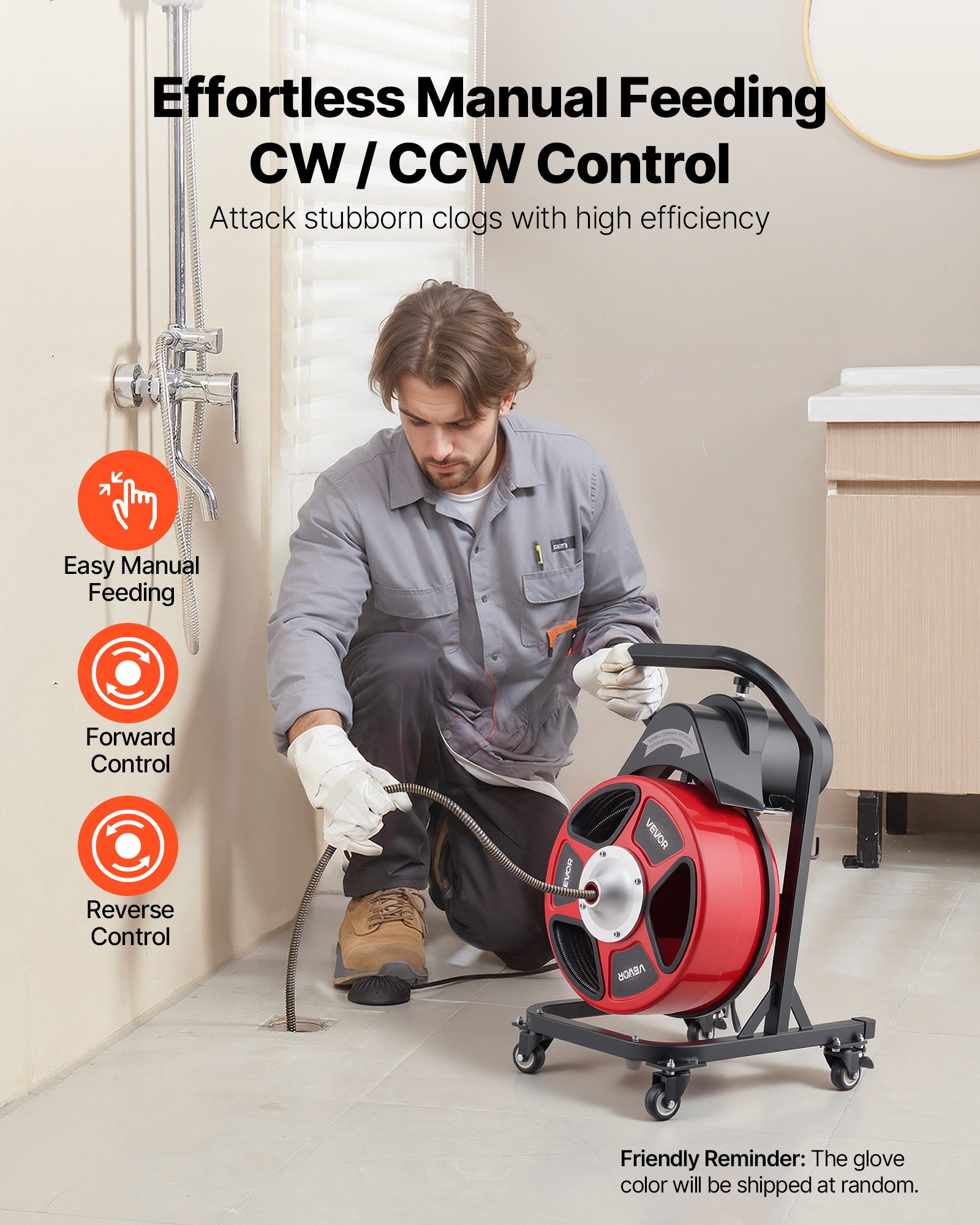 Drain Cleaner Machine 50 FT X 1/2 Inch, Manual Feed Sewer Snake Auger On Wheels - With 4 Cutters & Air-activated Foot Switch For 2" To 6" Pipes