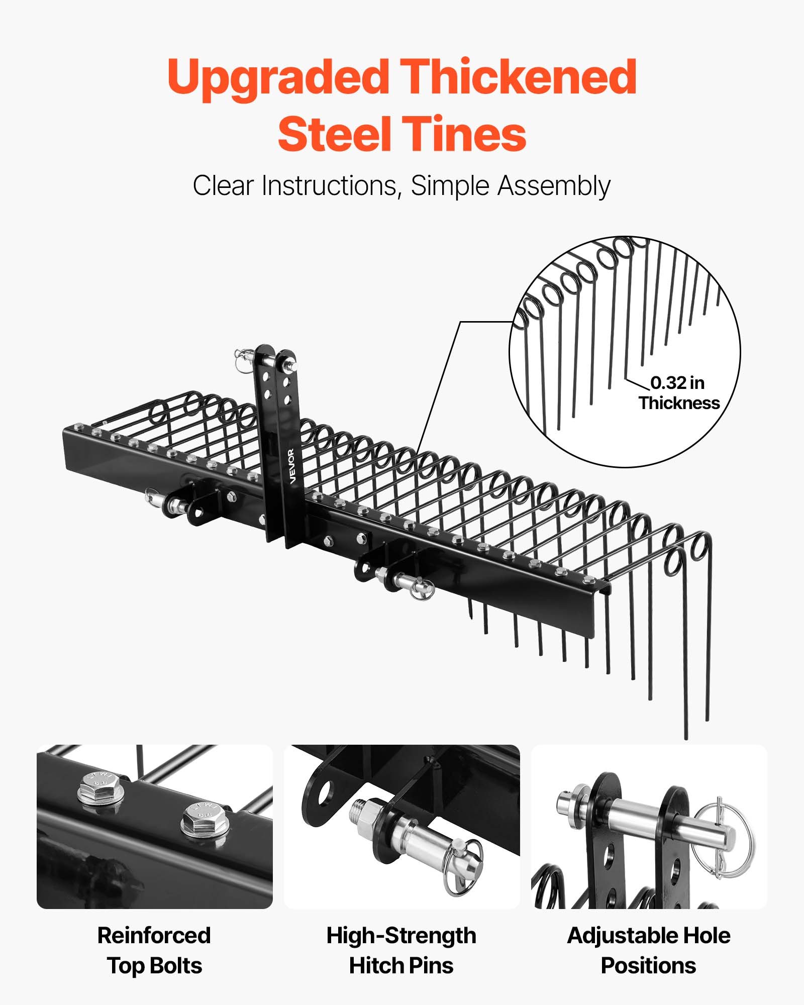 60 In Tow Behind Landscape Rake, 3 Point Hitch Lawn Dethatcher Rake, 26 Spring Steel Tines, For Category 1 Tractors, Heavy Duty & Rust-Resistant Rakes Tractor Attachments For Leaves Pine Needles