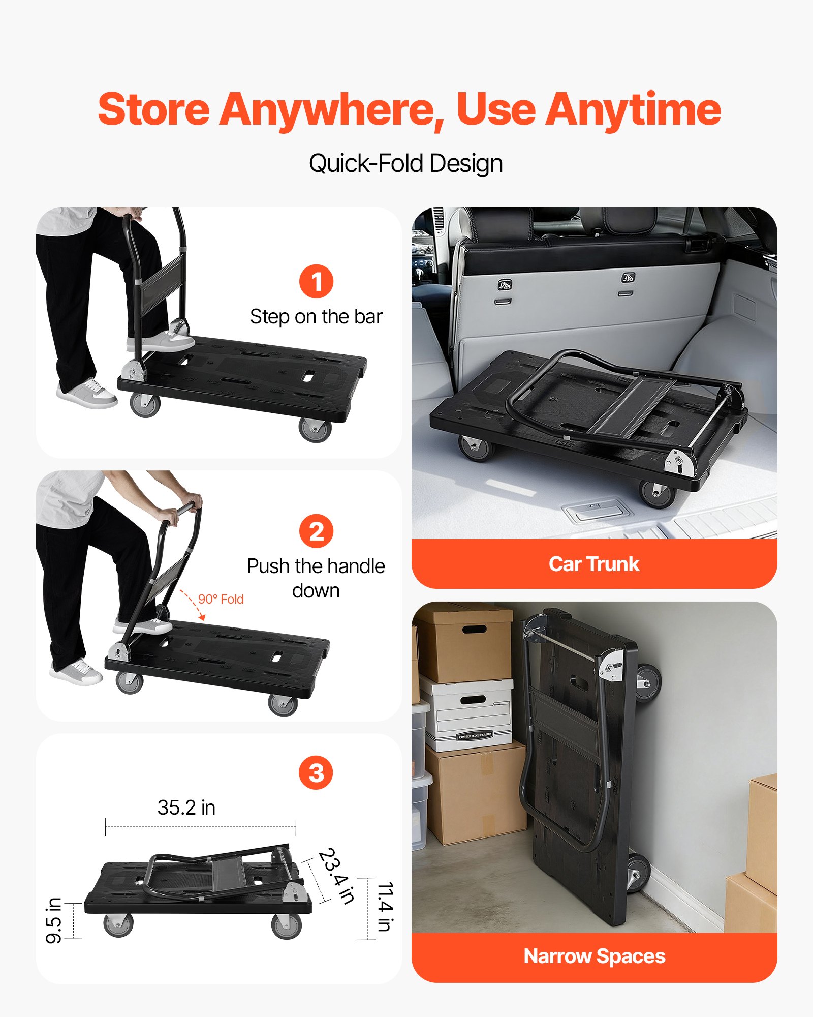Foldable Push Cart Dolly, 1000 Lbs Capacity, Folding Platform Truck With Swivel Wheels, Moving Platform Hand Truck Flatbed Cart, Space Saving Push Handle, For Easy Storage, 35.2 X 23.4 X 33.5 In