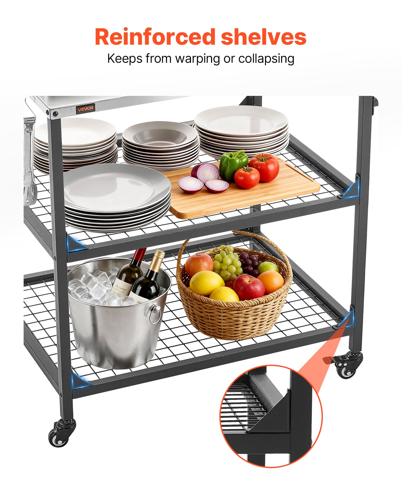 Outdoor Grill Cart, 31.5 X 24.0 Inch Stainless Steel Tabletop Size Grilling Table, Outdoor Cooking Table With 4 Wheels & Side Handle, Two Mesh Shelves, BBQ Prep Tables For Patio, Garden