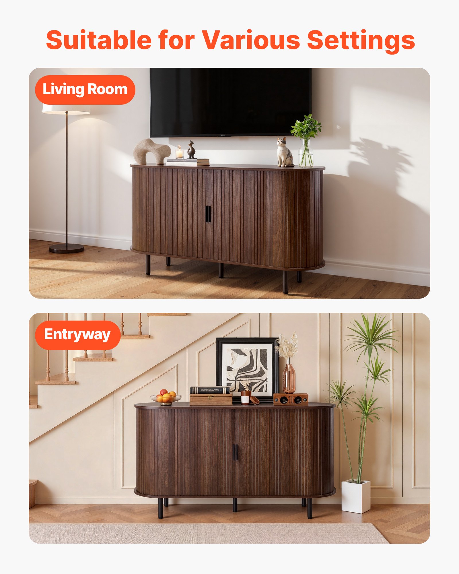 Coffee Bar Cabinet, Mid Century Fluted Coffee Bar Table, Buffet Stand Cabinet With 2 Sliding Doors, Sideboard Buffet Station For Living Room, Entryway, Kitchen, 55.1 X 15.7 X 29.5 In, Walnut