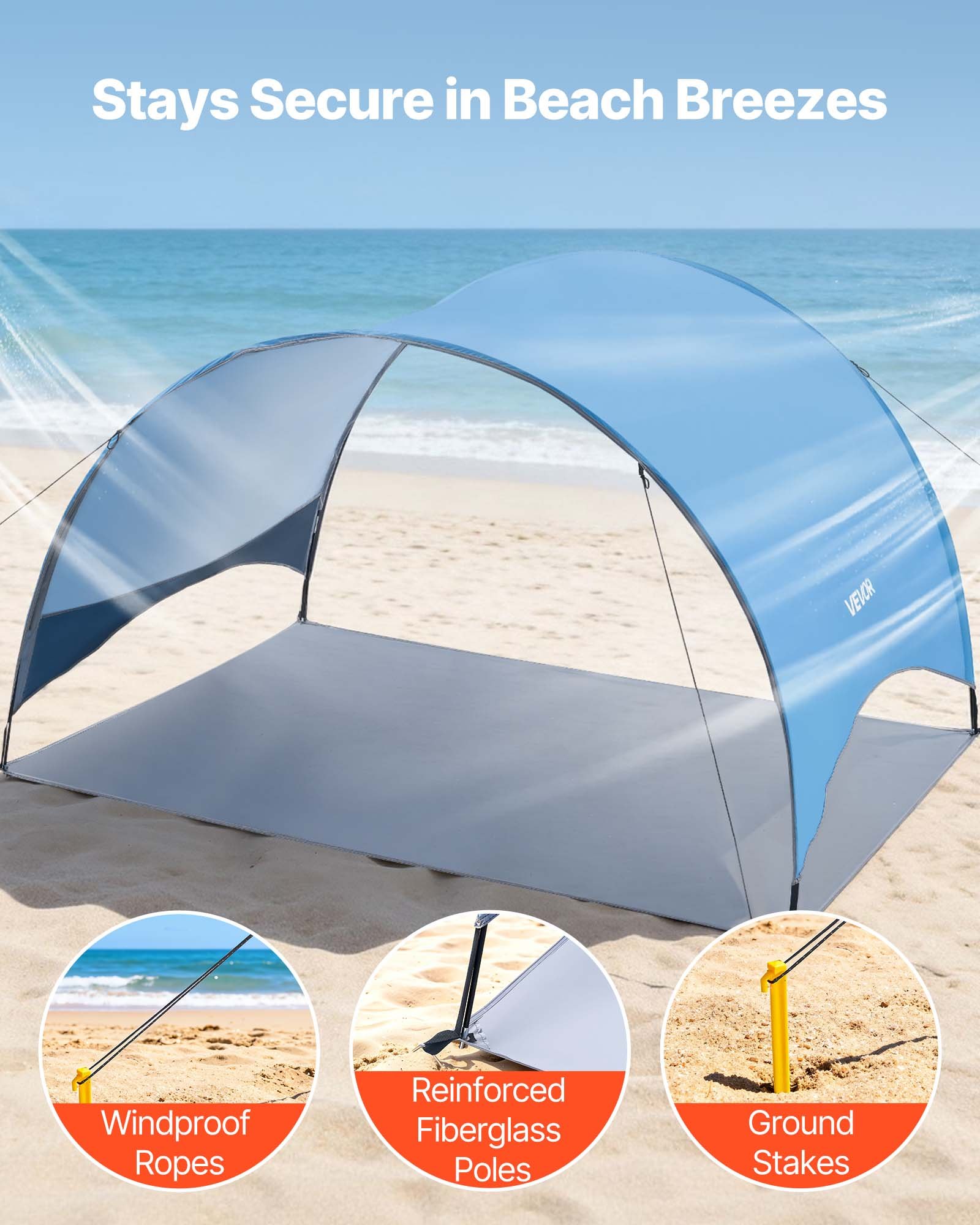 Beach Tent Sun Shelter For 3 Person, UPF 50+ Protection, Portable Sun Shade Canopy With Carrying Bag & Ground Stakes, Lightweight And Easy Setup Beach Umbrella For Camping Fishing Outdoor Picnic