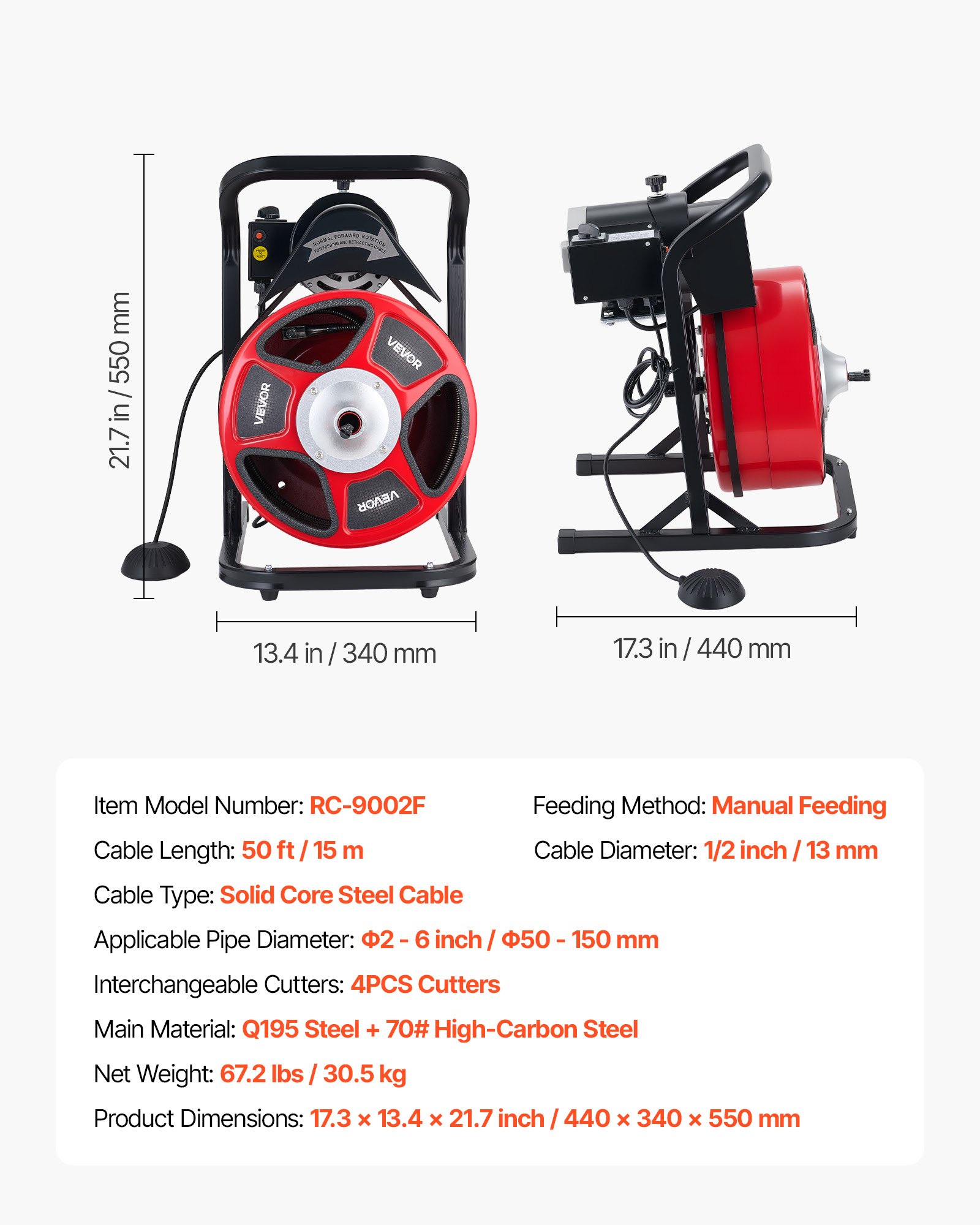 Drain Cleaner Machine 50 FT X 1/2 Inch, Manual Feed Sewer Snake Auger With 4 Cutters & Air-Activated Foot Switch For 2" To 6" Pipes