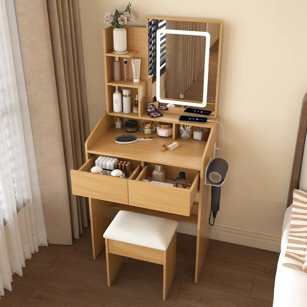 Vanity Table With LED-Illuminated Mirror, Power Outlet, Hairdryer Holder & Stool - Compact Dressing Desk For Small Bedrooms-Wood