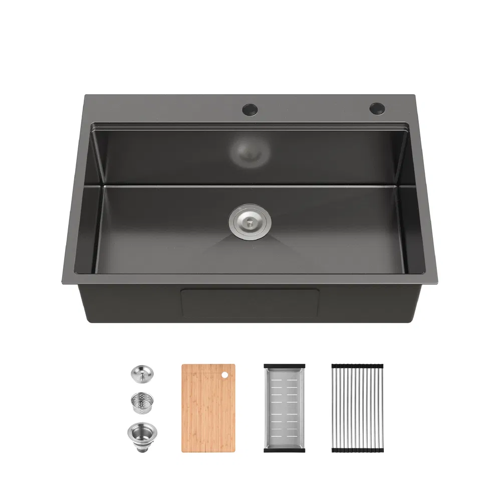 Stainless Steel Kitchen Sink, 33'x22' Single Bowl, Overmount Handmade Sink In Black, With Cutting Board, Colander-Unable Ship Weekends, TK And TEMU Only For Pickup