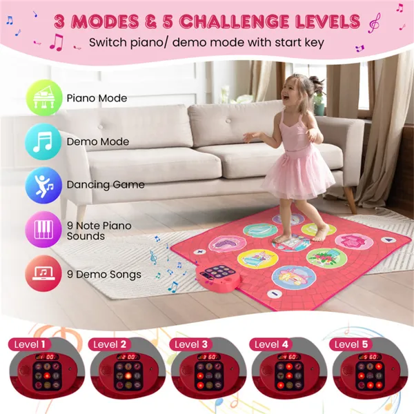 Pink Kids Dance Mat (3+ Ages), 5 Difficulty Levels & 9 Demo Songs, Non-Slip Safe Design