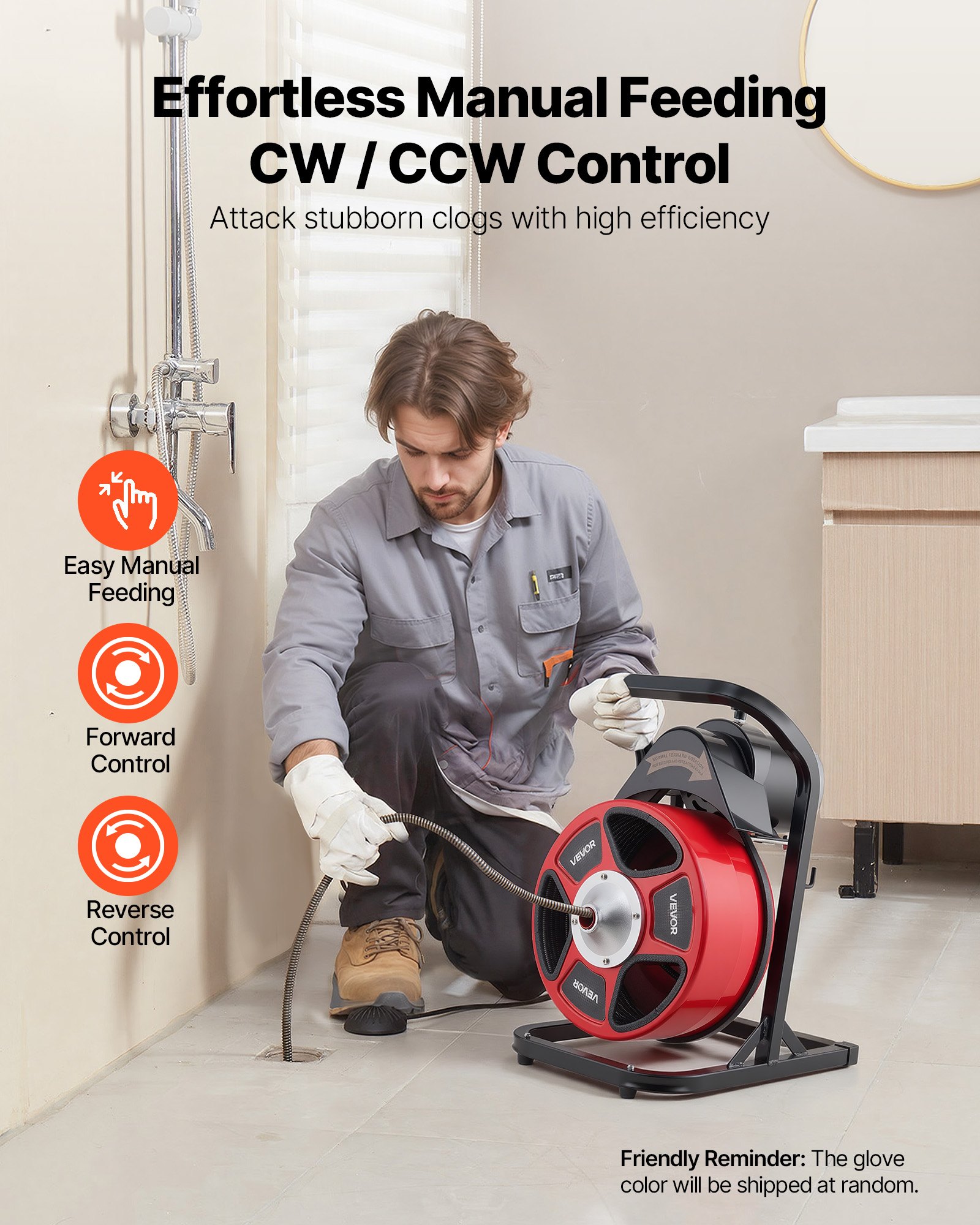 Drain Cleaner Machine 50 FT X 1/2 Inch, Manual Feed Sewer Snake Auger With 4 Cutters & Air-Activated Foot Switch For 2" To 6" Pipes