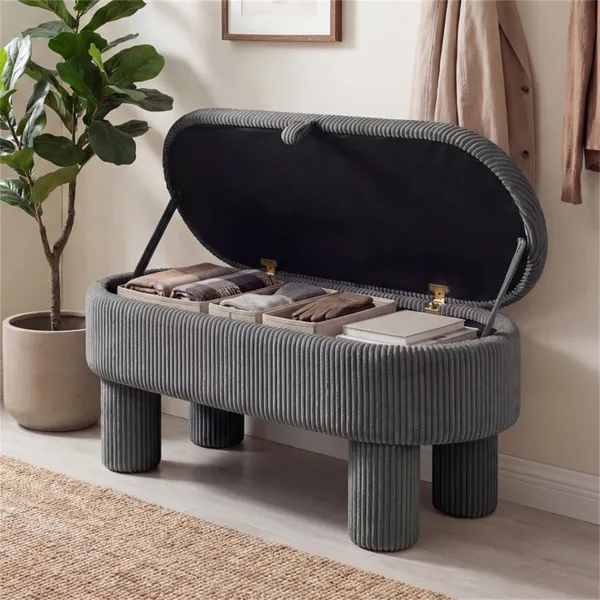 Gray 42 Inch Corduroy Storage Bench, Plush Foam Cushion & Hidden Compartment, 400LBS Seat Weight Capacity