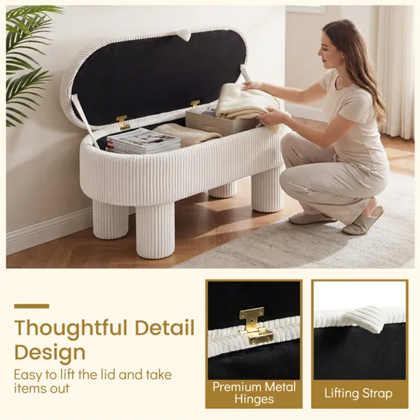 Beige 42 Inch Corduroy Storage Bench, Plush Foam Cushion & Hidden Compartment, 400LBS Seat Weight Capacity