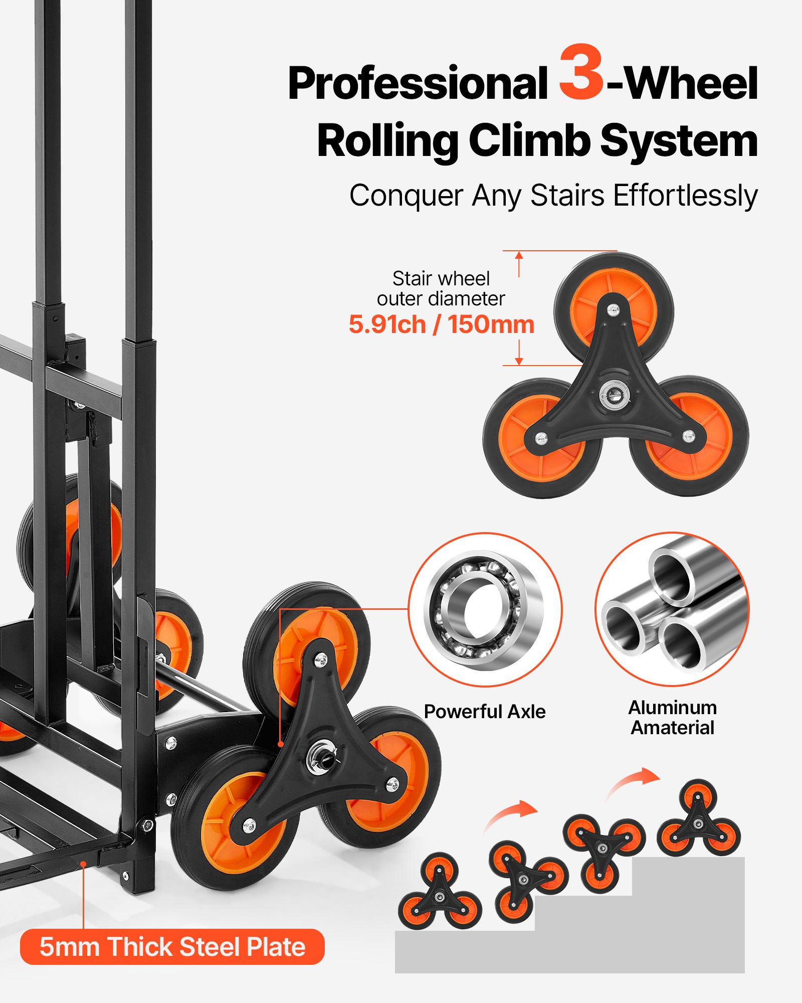 Stair Climbing Cart, 220 Lbs Stair-Climbing Capacity, Heavy-Duty Folding Trolley Cart With Telescoping Handle, 6 Wheels And 2 Bungee Cords, Stair Climber Dolly For Home, Groceries, Warehouse