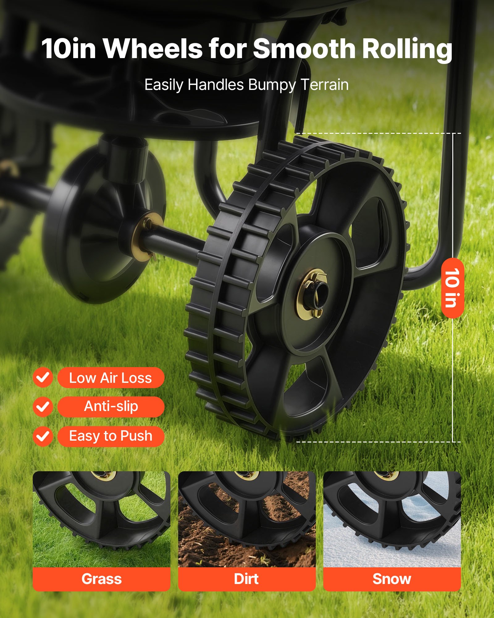 Walk-Behind Spreader, 9.8ft Spreading Width, Push Broadcast Spreader With 10" All-Terrain Tires, Adjustable Flow Control, 15lbs Capacity Hopper, Lawn Spreaders For Fertilizer Seed Small Home Use