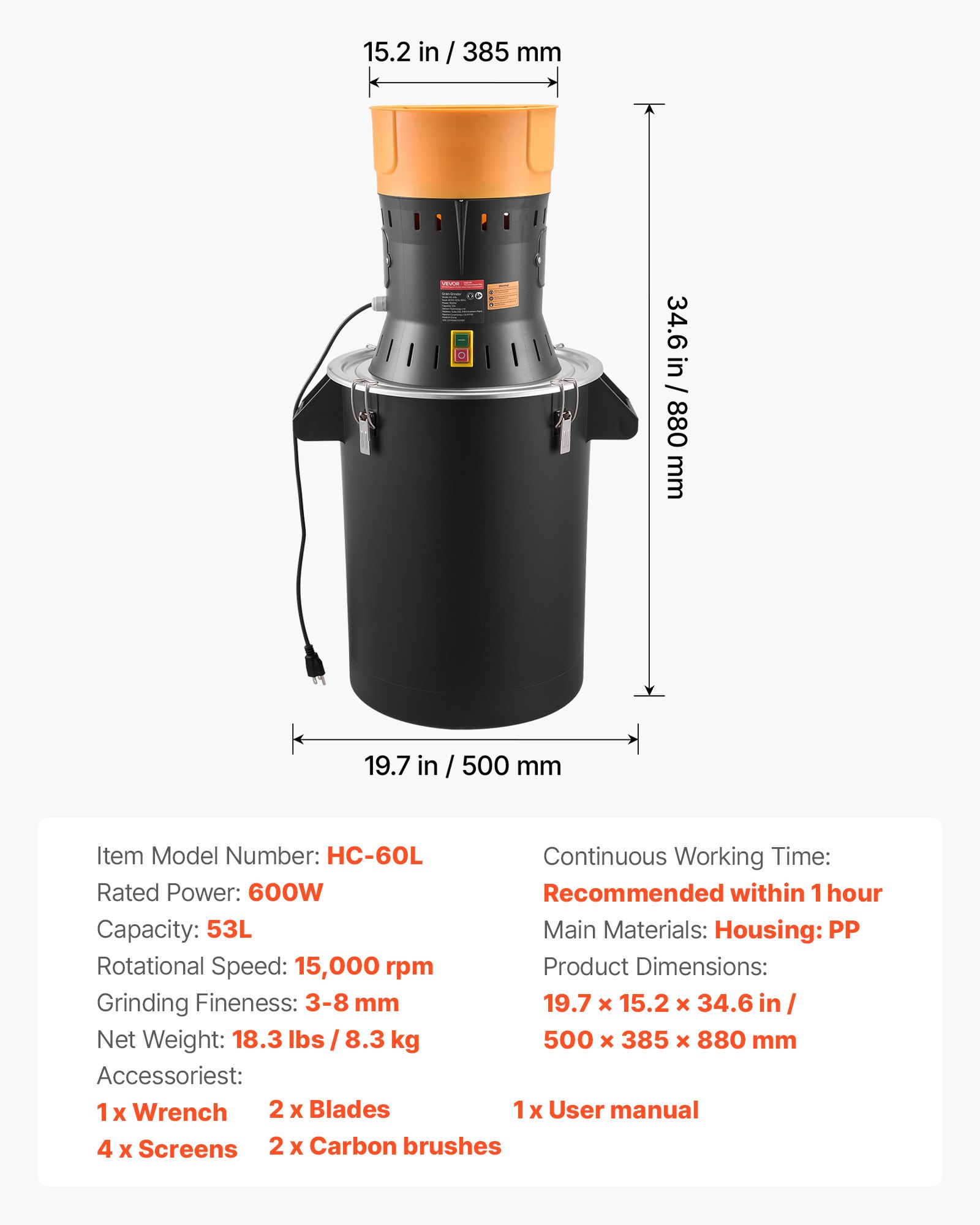 Electric Grain Mill Grinder, 600W High Power Commercial Spice Grinder, 14 Gal Pulverizer Powder Machine With Galvanized Sharp Blades, For Dry Grains, Spices, Cereals, Coffee, Corn & Pepper