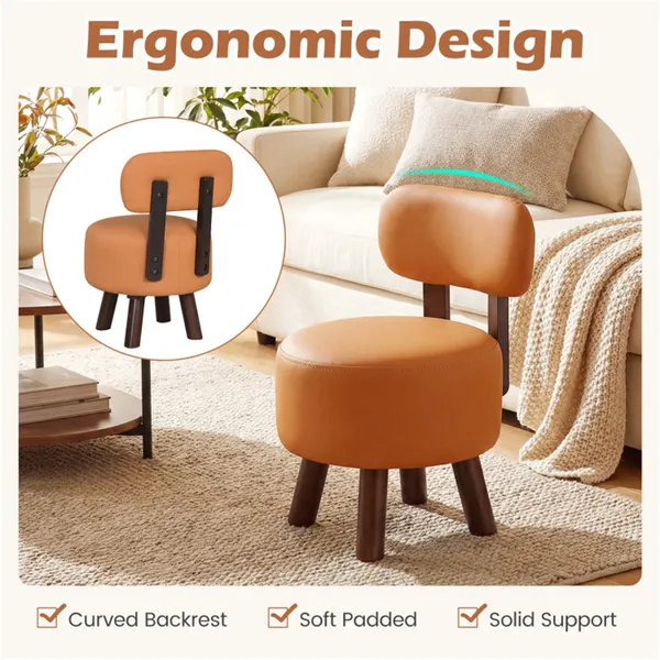 2-Piece Orange Small Footstools, Faux Leather Upholstery & Solid Rubber Wood Legs, 330LBS Load Capacity 5