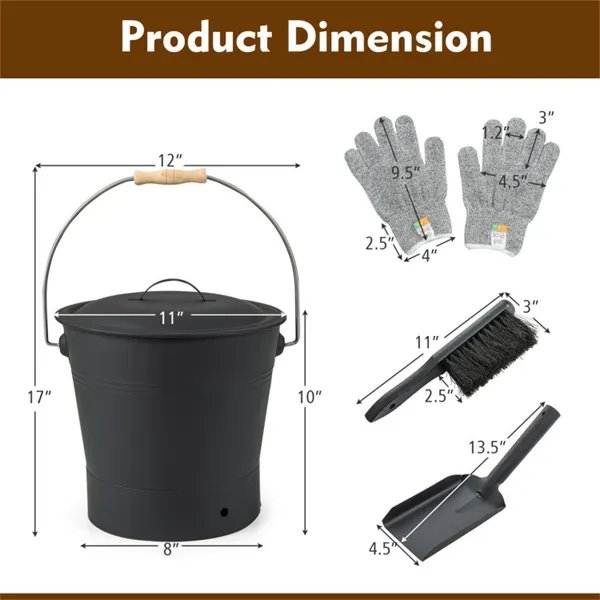 Fireplace Ash Cleaning Set, Ash Bucket + Shovel + Brush + Cut-Resistant Gloves (Level 5), Easy To Clean & Carry