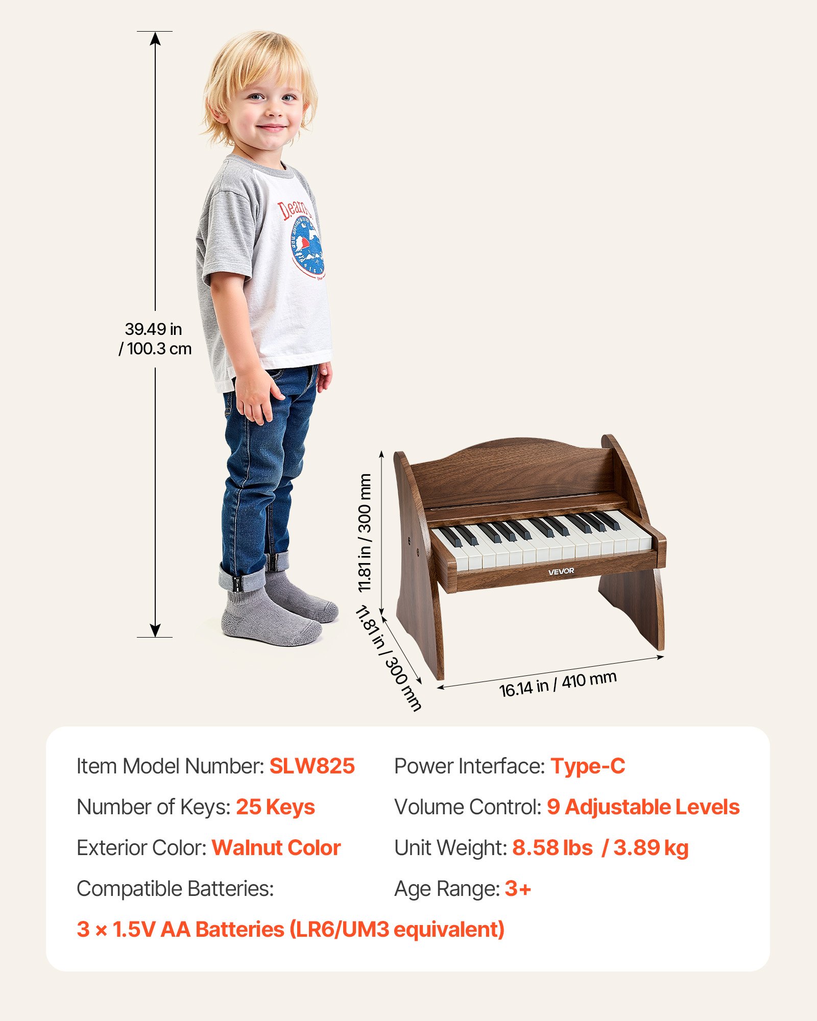 Kids Piano Keyboard, 25 Keys Wooden Digital Piano For Kids, Mini Music Educational Instrument Toy With Realistic Sound, Dual Power, Adjustable Volume For Toddlers, Boys Girls Learning, Walnut