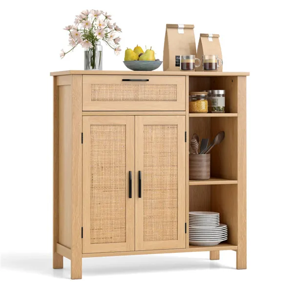 Natural Rattan Buffet Sideboard, Pull-Out Drawer & 3 Open Shelves, 3-Position Adjustable Cabinet Shelf