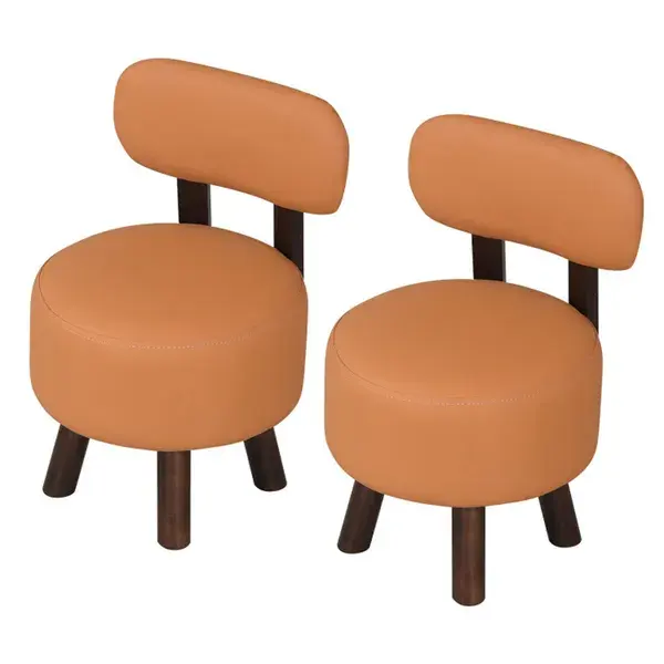 2-Piece Orange Small Footstools, Faux Leather Upholstery