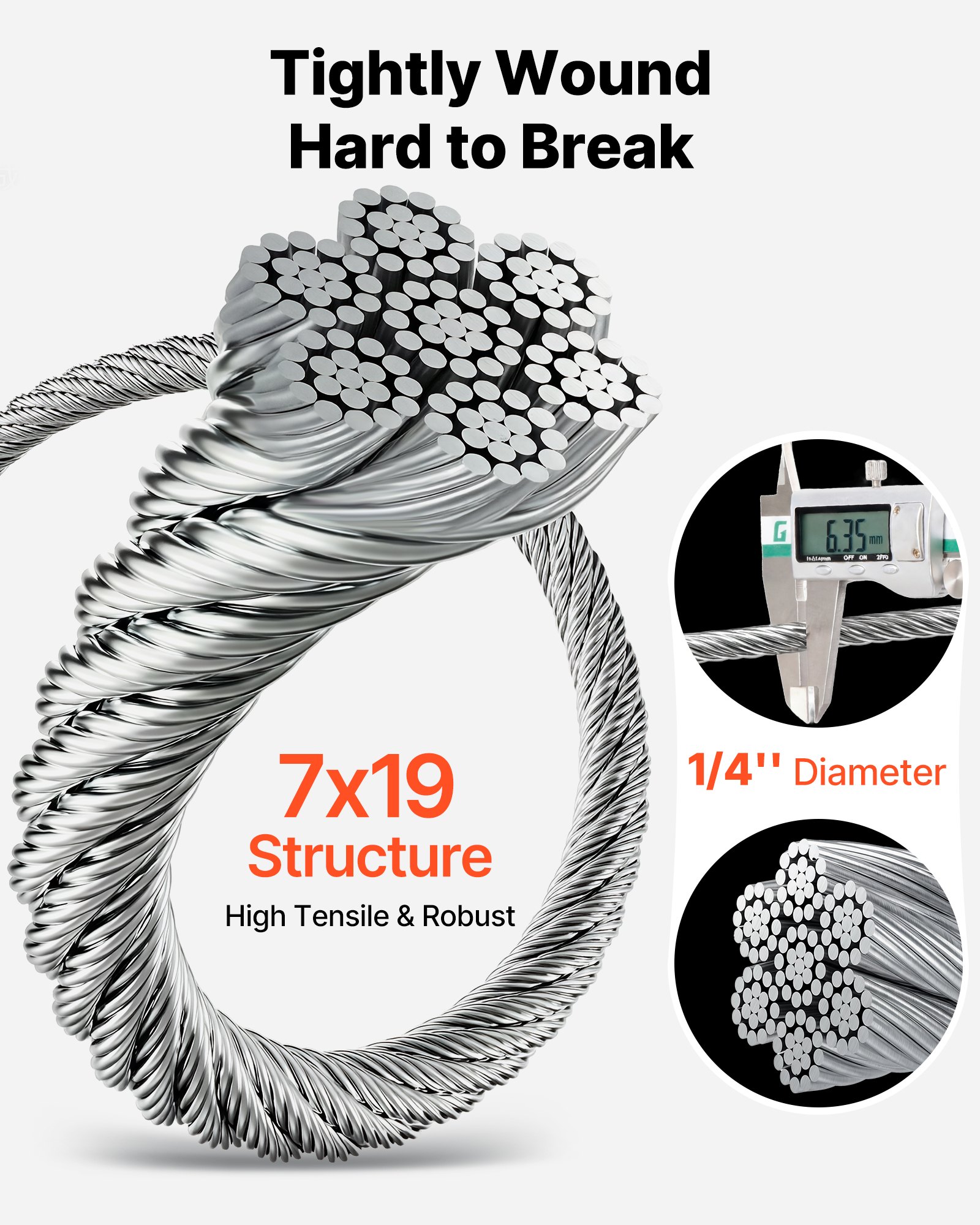 1/4 Inch Wire Rope, 250 Ft Length, Zinc Galvanized Carbon Steel Cable With Gloves, 7000 Lbs Breaking Strength, 7 X 19 Strands Construction, Wire Cable For Deck Railing System, Garden Trellis