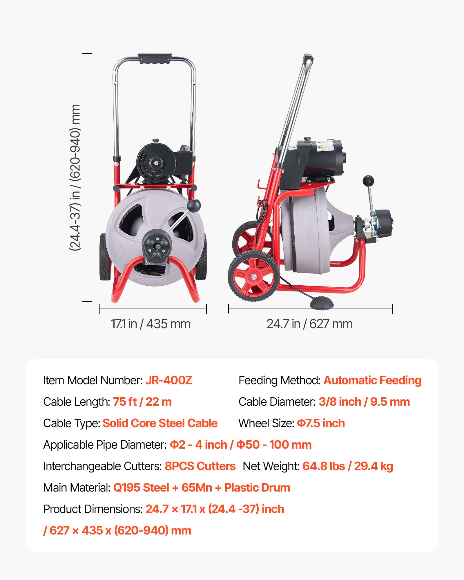Drain Cleaner Machine 75 FT X 3/8 Inch, Auto Feed Sewer Snake Drain Auger On Wheels, Portable Drain Cleaning Machine With 8 Cutters & Air-Activated Foot Switch For 2" To 4" Pipes