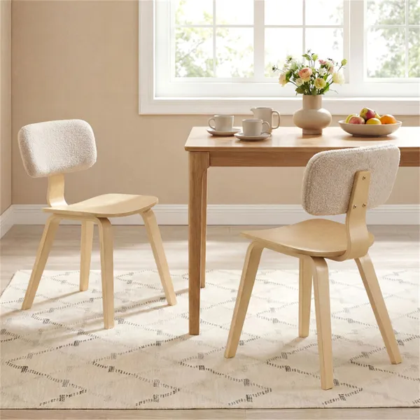 Set Of 2 Dining Chair Set (Beige & Natural), Teddy Velvet Upholstery & Plush Padded Design 4