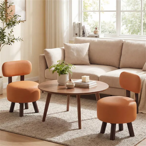 2-Piece Orange Small Footstools, Faux Leather Upholstery & Solid Rubber Wood Legs, 330LBS Load Capacity 3
