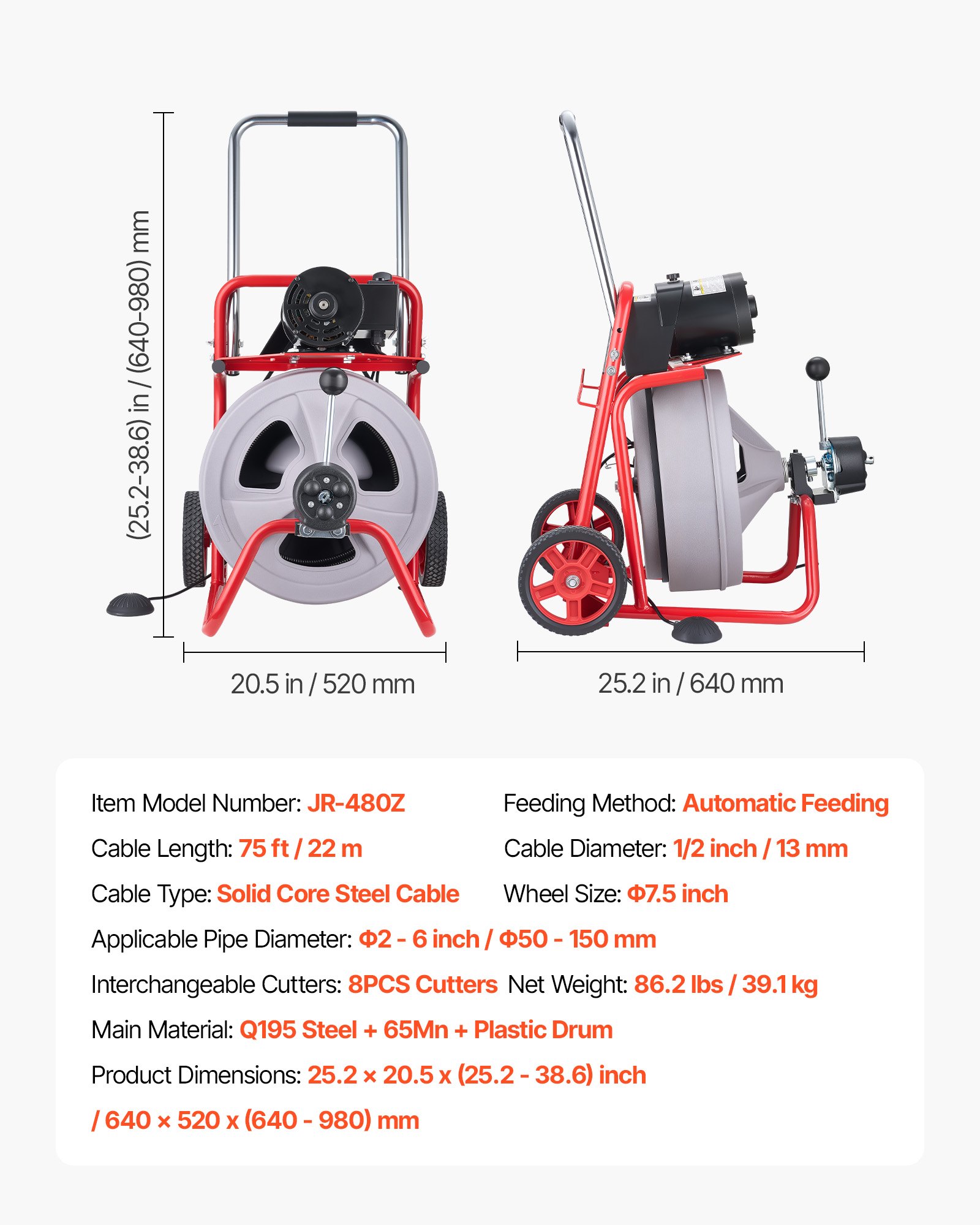 Drain Cleaner Machine 75 FT X 1/2 Inch, Auto Feed Sewer Snake Drain Auger On Wheels, Portable Drain Cleaning Machine With 8 Cutters & Air-Activated Foot Switch For 2" To 6" Pipes