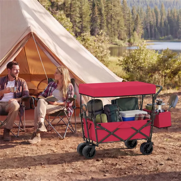 Foldable Utility Wagon,Adjustable Handle Outdoor Wagon, Puncture-Proof Wheels With Brakes, Removable Bag & Side Pockets-Red