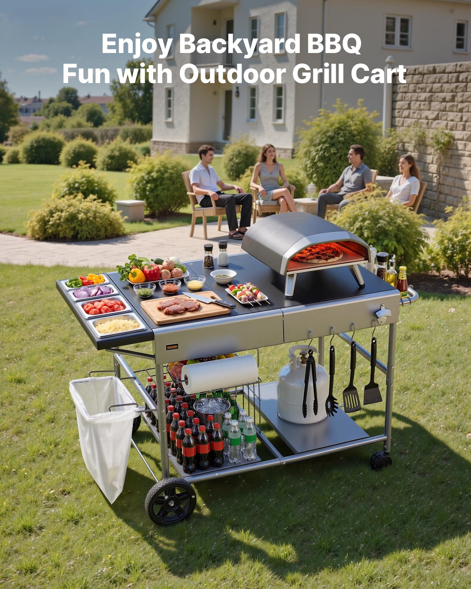Outdoor Grill Cart, 36.4 X 23.4 X 1 Inch Tabletop Size Grilling Table, Movable Outdoor Cooking Table With 4 Spice Containers, Wheels, Lids, Hooks, BBQ Prep Tables For Picnic, Kitchen, Courtyard