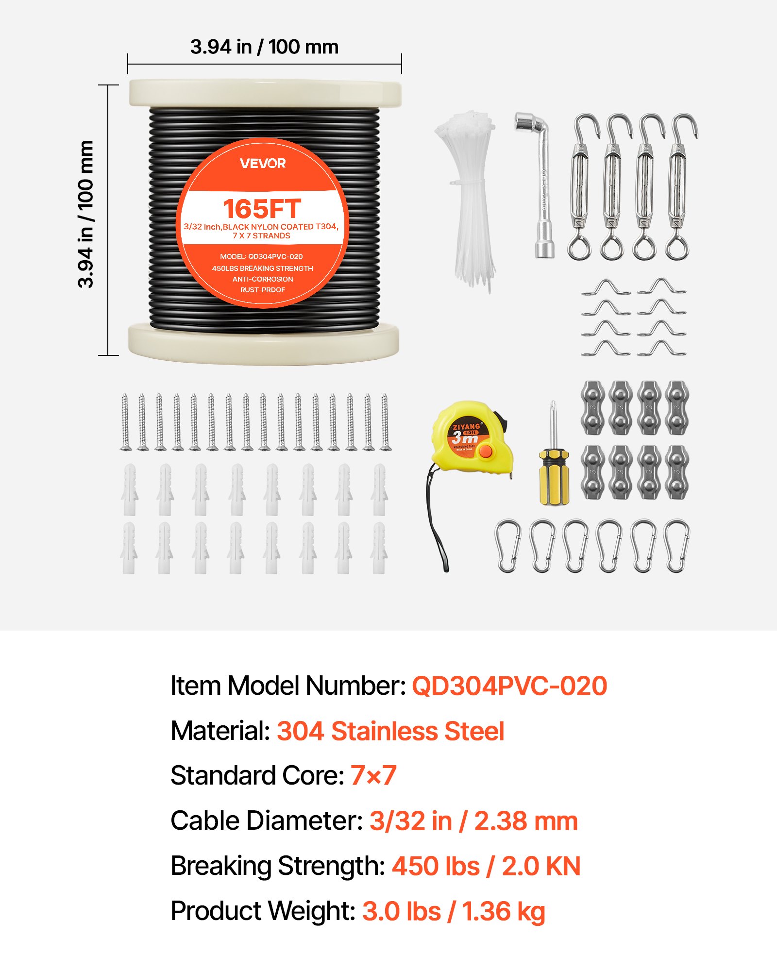 3/32 Inch Wire Rope Kit, 165 Ft Length, 304 Stainless Steel Wire Cable, 450 Lbs Breaking Strength, 7 X 7 Strands Construction, Steel Cable For Deck Railing System, Garden Trellis, String Lights